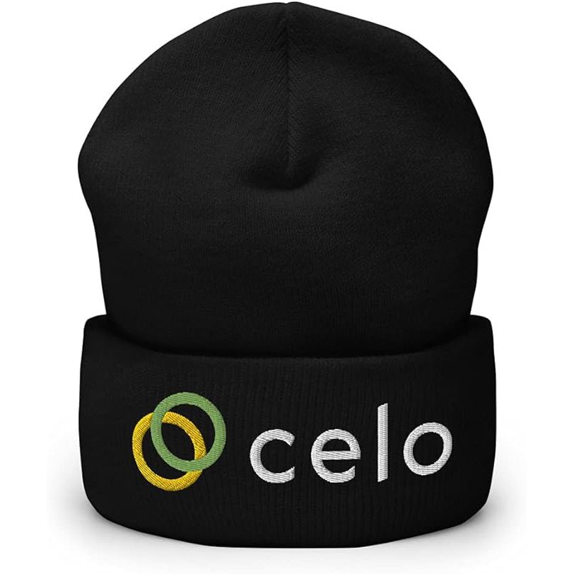 The Celo Crypto Hat is an embroidered cuffed beanie that is designed to represent the Celo cryptocurrency. Celo is a blockchain platform that focuses on making financial tools more accessible to people all over the world, especially those in developing countries.