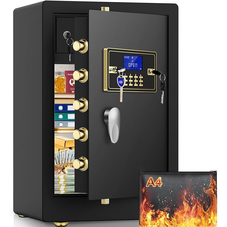 The 5.0 Cuft Extra Large Heavy Duty Safe Box is a high-quality, fireproof and waterproof safe designed to protect your valuables. It features a double safety key lock system for added security, as well as a separate lock box for storing smaller items such as cash or jewelry.