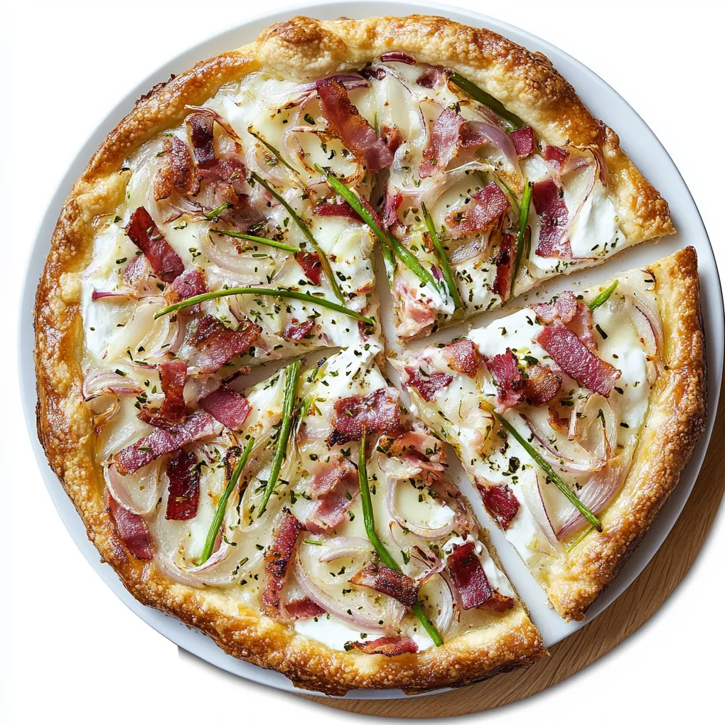 Flammkuchen, also known as tarte flambée, is a classic Alsatian dish reminiscent of a thin-crust pizza, featuring a crisp and chewy flatbread base that is traditionally topped with a generous layer of crème fraîche, thinly sliced onions, and smoky bacon.