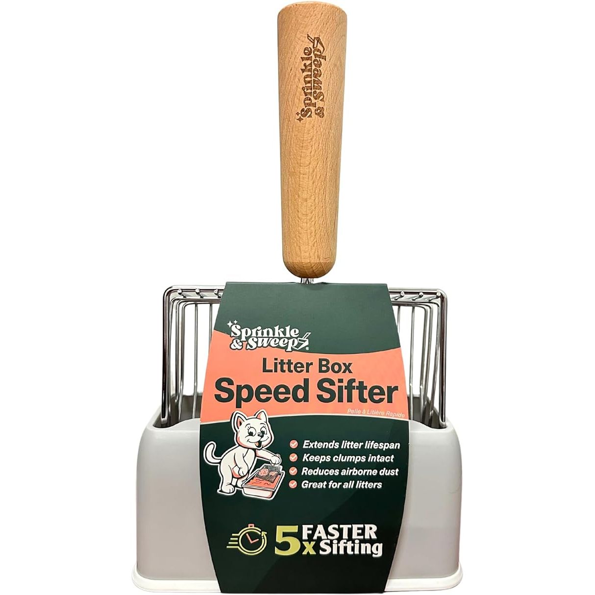 Keep your litter box clean and fresh with our Cat Litter Scooper - 5X Faster Sifting. This innovative metal litter scoop boasts a speed sifter that cleans 5 times faster than traditional scoopers, making litter box cleanup quick and efficient for busy pet parents.