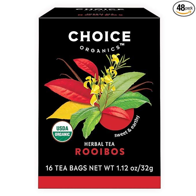 Choice Organics Organic Rooibos Tea is a high-quality blend of caffeine-free herbal tea that is sourced from fair trade certified organic farms. Each pack contains 48 compostable tea bags, making it both environmentally friendly and socially responsible.