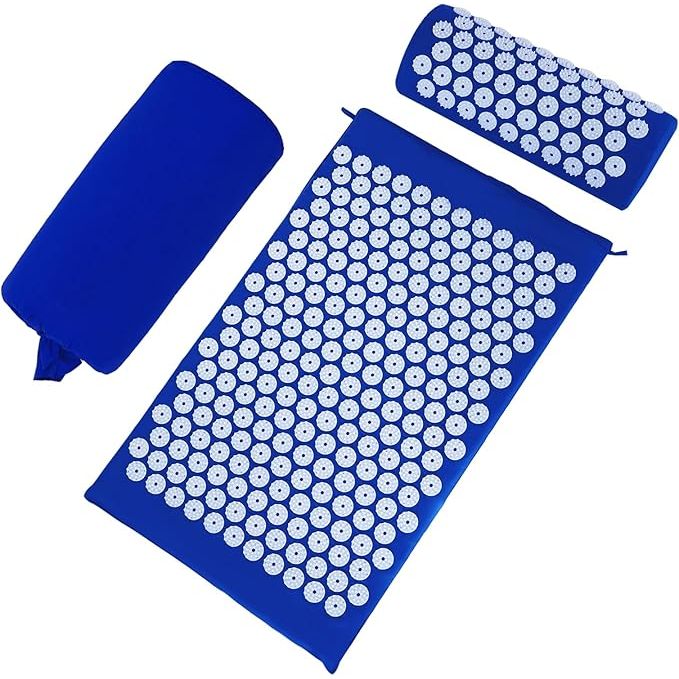 An acupressure mat set with an acupuncture point massage pillow is a self-care tool designed to help relieve back and neck pain, promote muscle relaxation, and reduce stress. The mat and pillow are covered in plastic spikes that apply pressure to specific acupressure points on the body, similar to acupuncture but without the use of needles.