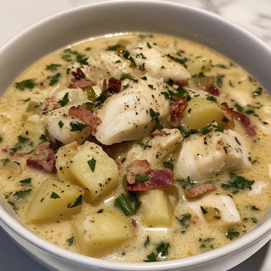 Fish Chowder is a creamy, hearty fish soup that's a staple in New England cuisine. This warming dish typically includes a mix of tender fish, diced potatoes, onions, and celery, all swimming in a rich and savory broth thickened with cream.