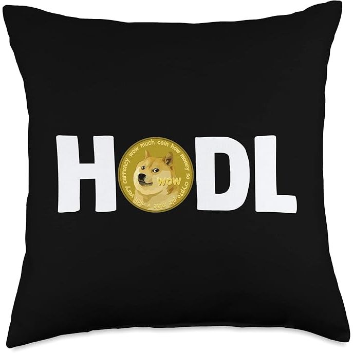 The Crypto Dogecoin HODL Throw Pillow is an 18x18 inch decorative pillow featuring the popular cryptocurrency Dogecoin. The design showcases the word "HODL," which is a term often used in the cryptocurrency community to encourage holding onto investments despite market fluctuations.