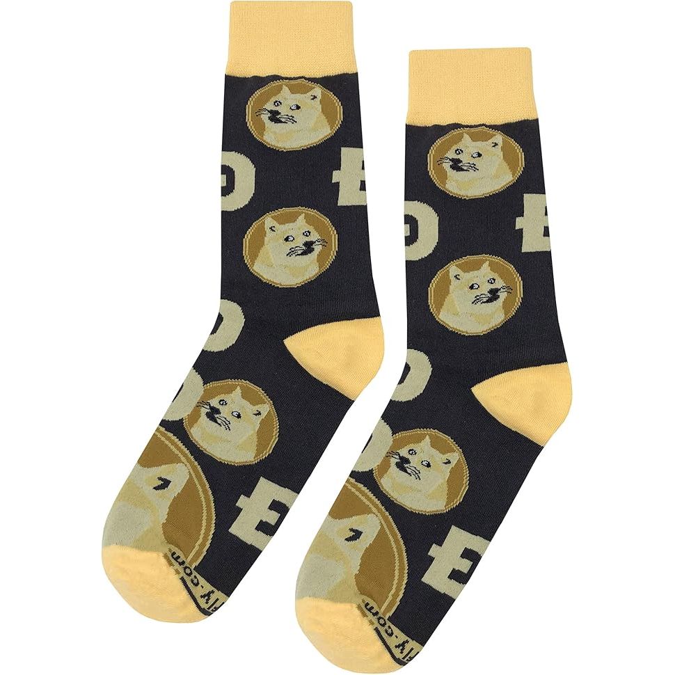 These Dogecoin dress socks are a fun and colorful addition to any man's wardrobe. Made of cotton, they are comfortable to wear and fit men's sizes 8-12. The design features the Dogecoin logo, making them a great gift for cryptocurrency enthusiasts or anyone with a sense of humor.