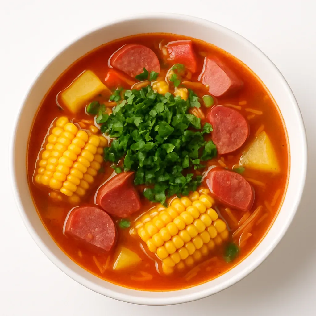 A comforting and hearty Puerto Rican soup featuring slices of Goya Salchichon Salami, enriched with various vegetables and spices.
