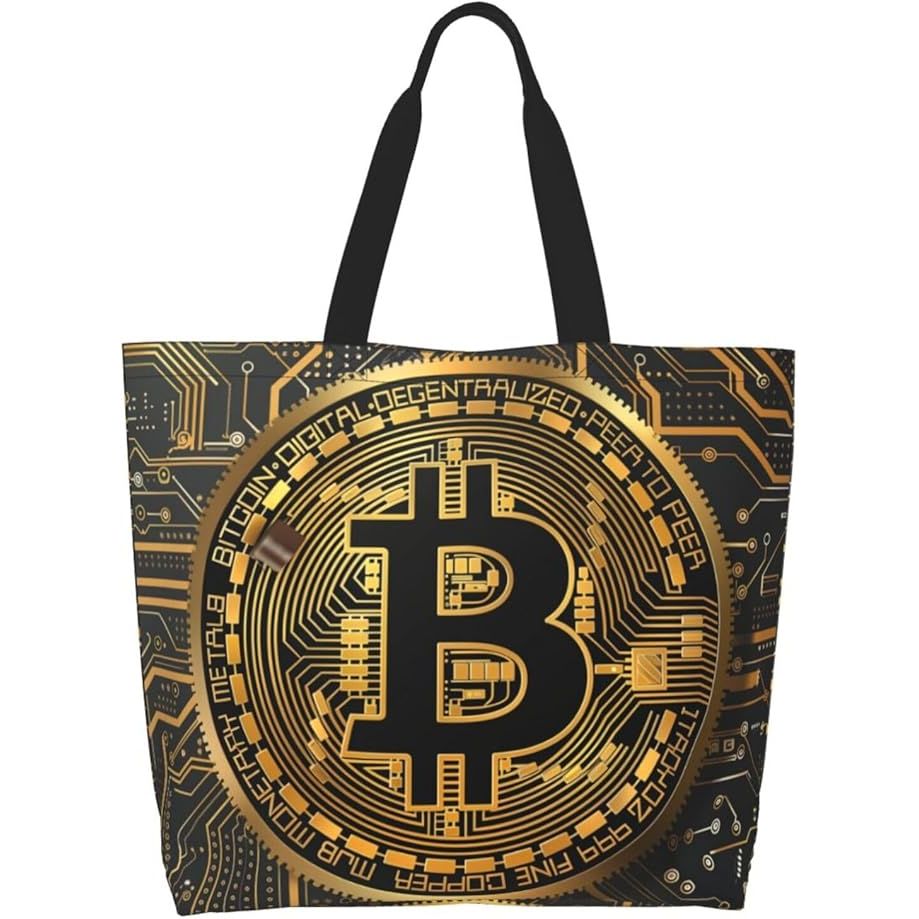 Bitcoin art print reusable shoulder bags are large casual tote bags that are perfect for shopping and grocery trips. These bags are not only functional but also eco-friendly, making them a great choice for those looking to reduce their carbon footprint.