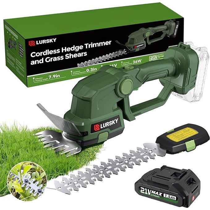 The Cordless Hedge Trimmer with Battery is a versatile 2-in-1 gardening tool that can be used as both a hedge trimmer and grass shears. It is powered by a 21V rechargeable lithium-ion battery, providing cordless convenience and freedom of movement in the garden.