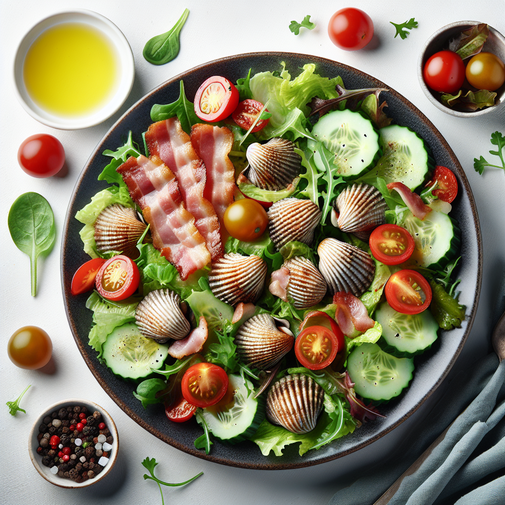 The Cockle and Bacon Salad is a refreshing and satisfying dish that combines the delicate flavors of seafood with the richness of crispy bacon. It's a perfect blend of land and sea, served on a bed of fresh greens to add that crisp, healthy crunch.