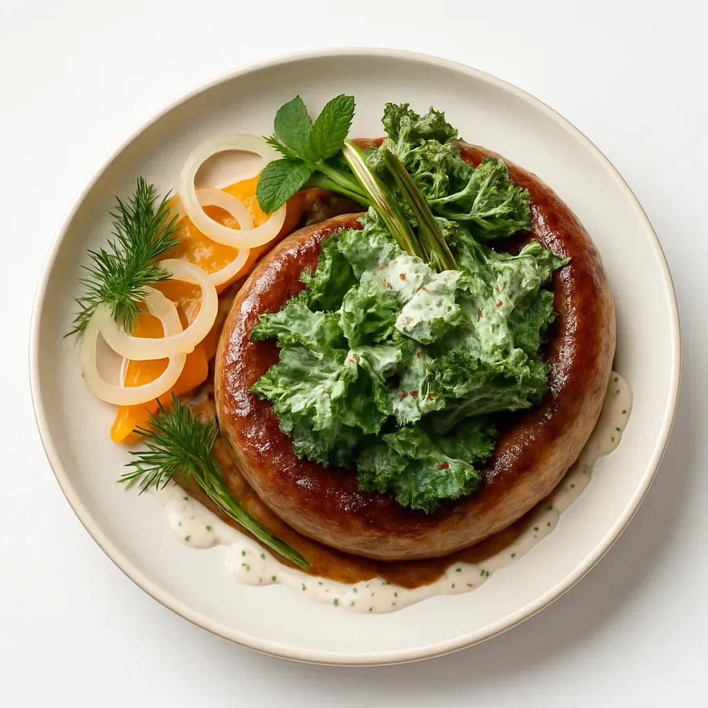 A vibrant Danish dish featuring fried Medister sausage paired with a fresh kale salad dressed in a tangy buttermilk and mustard blend, perfect for an autumn meal.