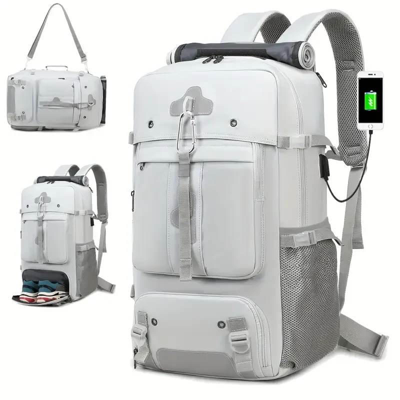 High-Capacity 50L hiking backpack with a dedicated shoe compartment, made from durable polyester. It is USB-Powered and features adjustable straps, making it ideal for outdoor camping, back-to-school use, and travel.