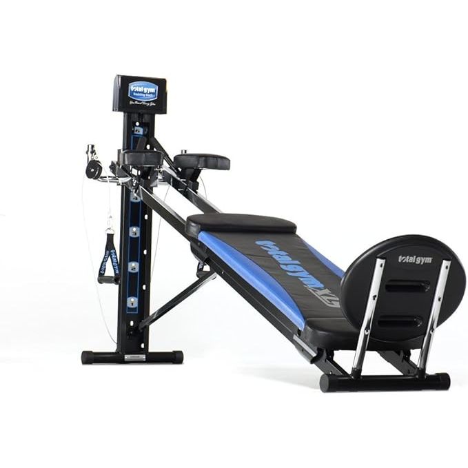 The Total Gym XLS is a versatile home gym machine designed for total body training. It offers a wide range of exercises to target different muscle groups, making it suitable for both men and women. The machine comes with a squat stand, leg pull, two ankle cuffs, and an exercise chart to guide users through their workouts.