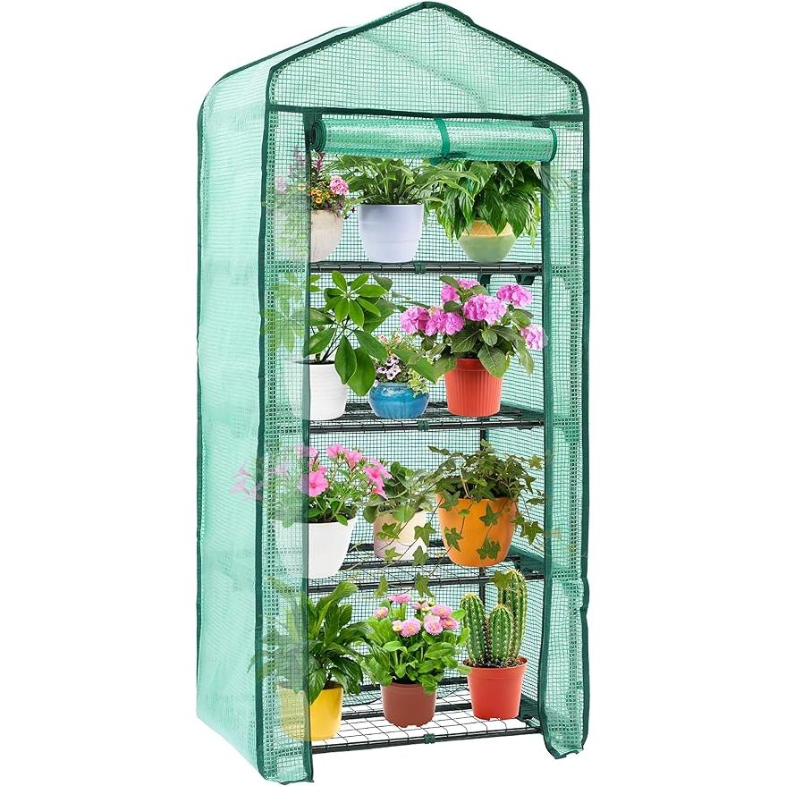The Ohuhu Mini Greenhouse is a 4-tier rack stand designed for indoor and outdoor use. The small plastic plant greenhouse measures 2.5x1.6x5.2 feet, making it an ideal size for compact spaces such as balconies, patios, or even inside your home.
