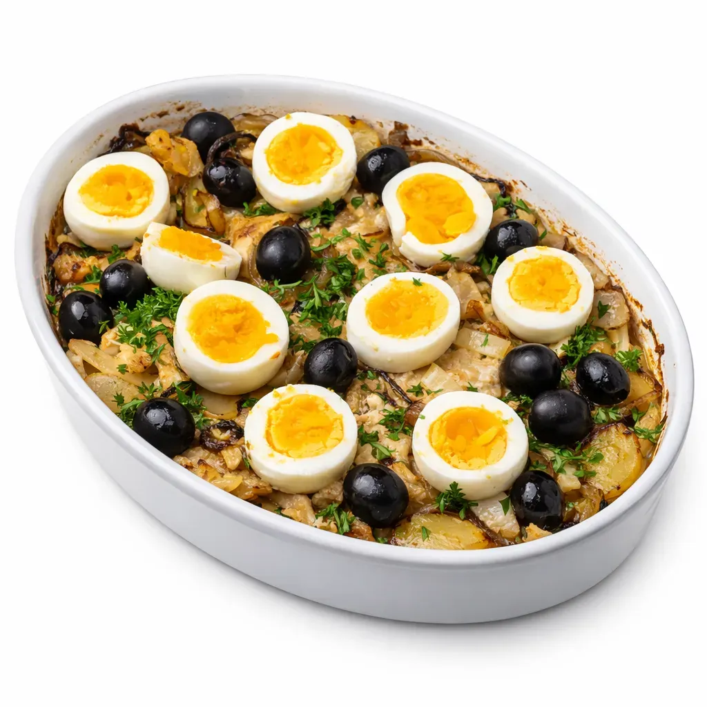 A traditional Portuguese casserole featuring salt cod, potatoes, onions, and olives, all enriched with olive oil.