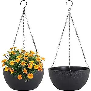 The 10 inch Hanging Planters for indoor and outdoor plants come in a convenient 2 pack. These hanging flower pots are designed with drainage holes to prevent overwatering and promote healthy plant growth. The included chain allows you to easily hang the planters in your garden, porch, or any desired indoor space.
