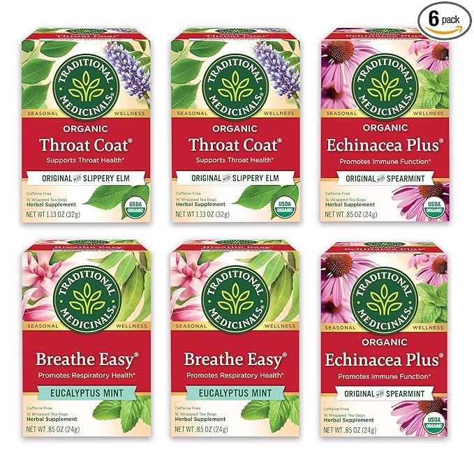 Traditional Medicinals Tea offers a variety pack called Organic Seasonal Care that includes three popular herbal teas to support overall health and wellness. The pack includes Throat Coat Tea, Echinacea Tea, and Breathe Easy Tea with Eucalyptus to Support Respiratory Health. Each box contains 16 tea bags, totaling 96 tea bags in this 6-pack.