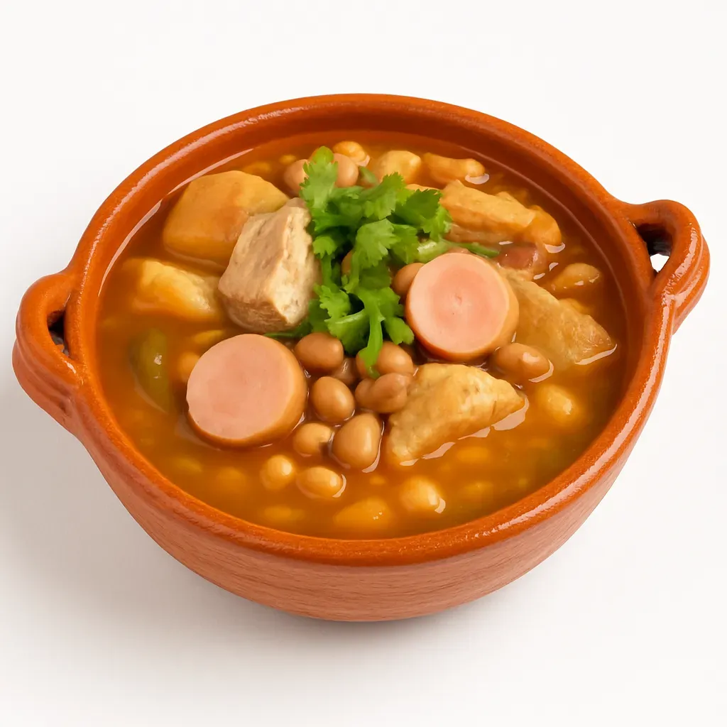 A rich and hearty bean stew from Northern Mexico, combining pinto beans, pork skin, sausage, and aromatic vegetables for a robust flavor.
