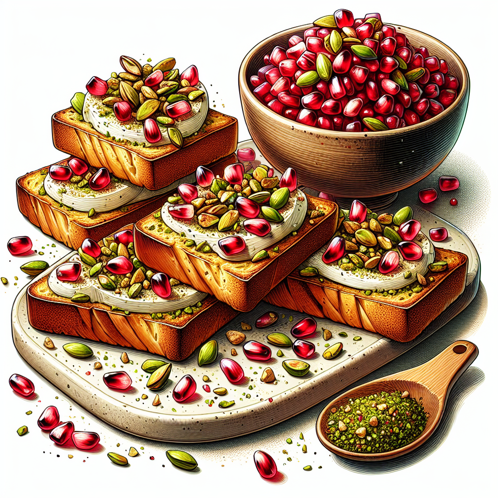 Pomegranate Pistachio Crostini is an elegant and tasty appetizer perfect for entertaining. This recipe features crispy slices of baguette bread topped with a creamy mixture of cheese, such as goat cheese or cream cheese, then sprinkled with roasted chopped pistachios and juicy pomegranate seeds.