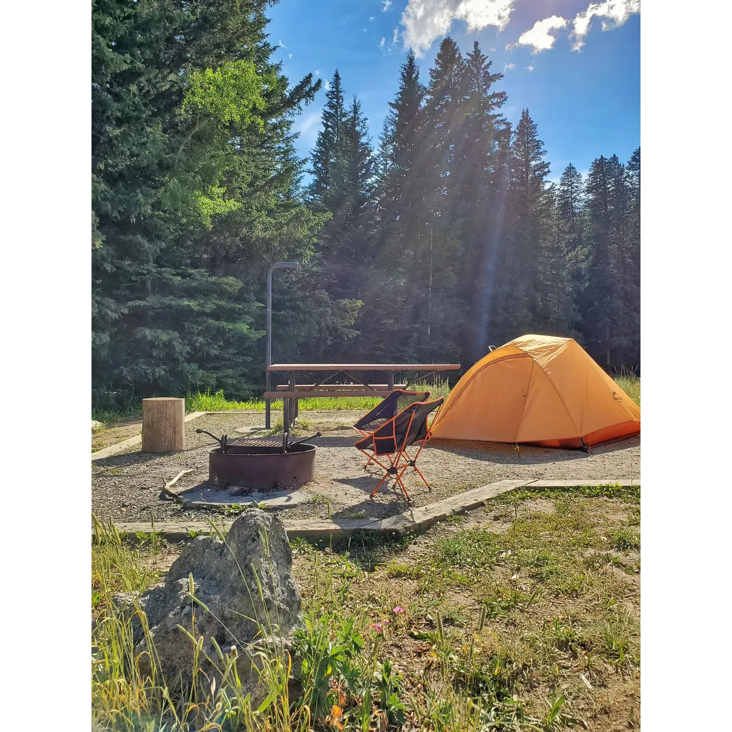 Shell Creek Campground offers an idyllic retreat into the serene backdrop of the Big Horns, providing a picturesque setting for up to two weeks of tranquil camping. The majority of the spacious sites hug the vivacious creek, providing both soothing sounds and scenic views, perfect for large RVs or expansive tents. Alongside the larger sites, dedicated spaces for tent camping offer a secluded feel for those preferring a more traditional camping experience.

The campground is renowned for its pristine condition, thanks to the dedicated and friendly hosts who maintain the cleanliness of the camp and its facilities with exceptional care. Their readiness to assist guests with any needs and their delightful company contribute to the warm and welcoming atmosphere.

Anglers looking to reel in an energetic catch will find brook trout plentiful in the creek's fishing holes, adding a delightful challenge and a tasty treat to the evening's campfire gathering. For guests visiting during Memorial Day weekend, the ambiance of site #13 is particularly prized, offering unparalleled views and the soothing sounds of the creek, along with the potential to spot majestic wildlife such as moose, elk, and deer in their natural habitat.

The remote setting promises a tranquil and peaceful escape, where the rustling trees and flowing waters of Shell Creek accent the serenity. With well-spaced sites that contribute to the intimate and non-crowded feel and the availability of self-service firewood, Shell Creek Campground ensures a comfortably self-sufficient stay.

Dog lovers will be pleased to know that their well-behaved four-legged companions are welcome as long as they are leashed, ensuring a family-friendly atmosphere throughout the grounds. As long as you're prepared for diverse weather, the stay is always remarkable, with the charm and nostalgia of childhood memories extending to new generations of campers who continue to love and cherish their time at Shell Creek Campground. Description by ChatGPT.