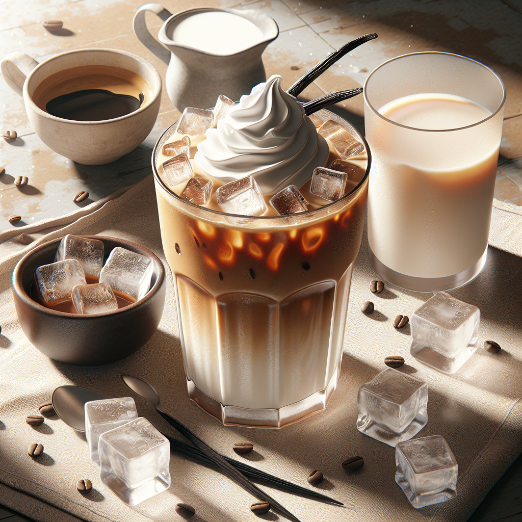 An Iced Vanilla Latte is a refreshing coffee beverage perfect for warm weather. It consists of rich espresso, cold milk or a milk alternative, and sweet vanilla syrup, all poured over ice. This drink is then stirred to combine the flavors, resulting in a creamy and indulgent treat.