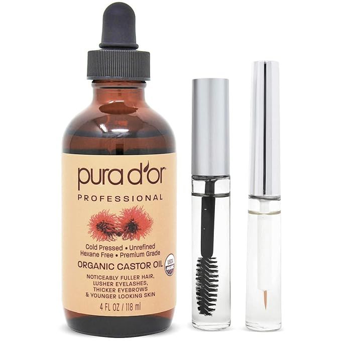 PURA D'OR Organic Castor Oil is a 100% pure and cold-pressed oil that is free of hexane, chemicals, and additives. This oil is known for its natural healing properties and has been used for centuries to promote hair growth, including eyelashes and eyebrows.