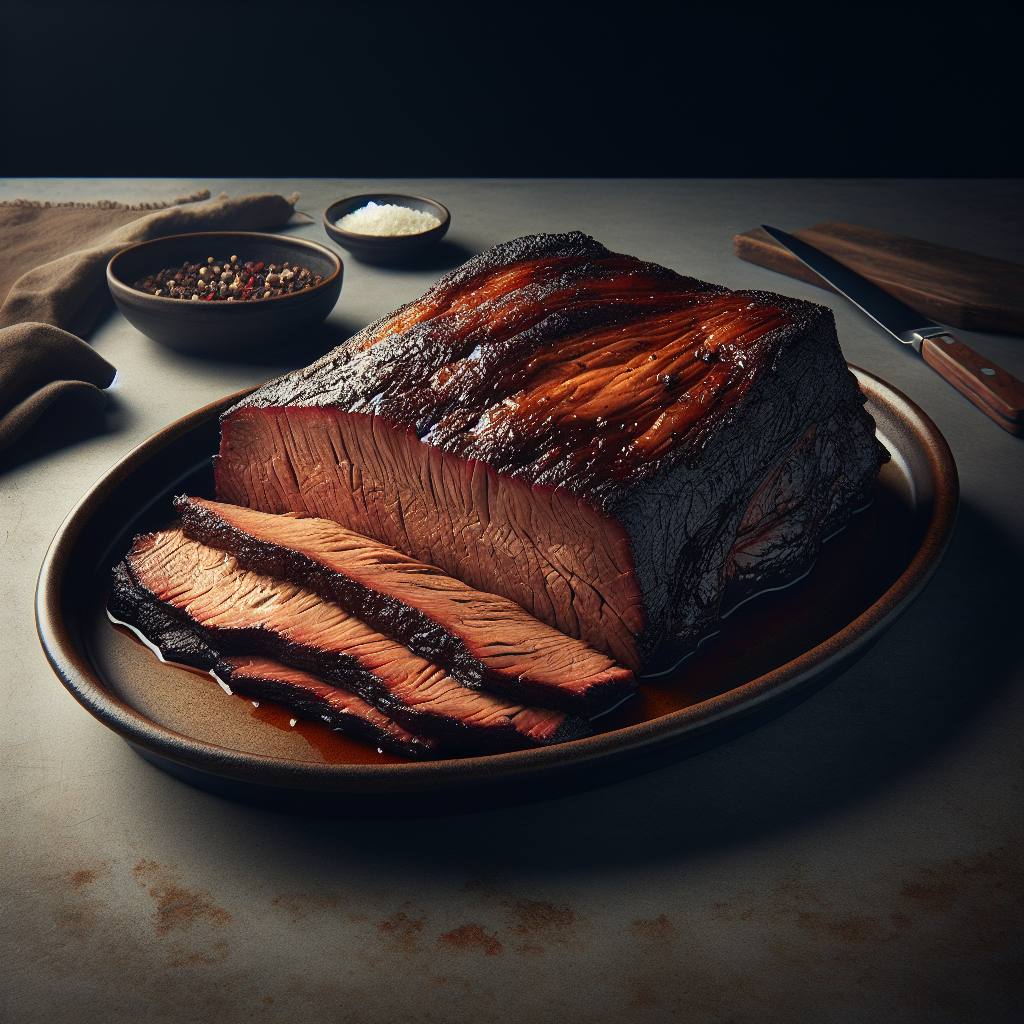 Smoked Brisket is a classic American barbecue dish known for its rich smoky flavor and tender, juicy meat. To prepare this indulgent meal, a whole beef brisket is seasoned with a dry rub mixture of paprika, brown sugar, garlic powder, onion powder, salt, and pepper.