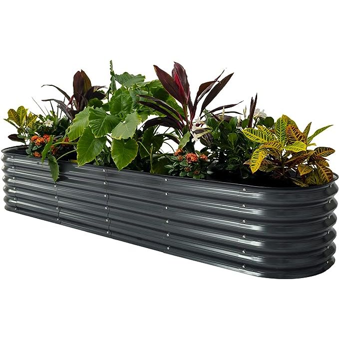 The Vego Garden Raised Garden Bed Kits are designed for easy assembly and use, perfect for gardening enthusiasts of all levels. These raised garden bed kits come in a modern gray color, measuring 8ft x 2ft and standing at a height of 17 inches.