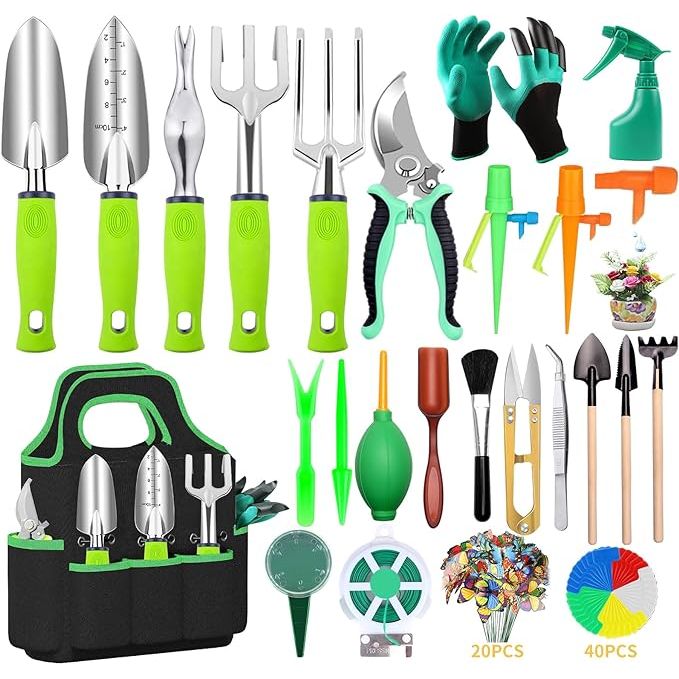 The 84 PCS Garden Tools Set is a comprehensive set that includes 6 large heavy-duty aluminum gardening hand tools, 10 succulent tools, a garden tool bag, gloves, a sprayer, and more. This set is designed to provide everything you need for gardening, whether you are a beginner or experienced gardener.