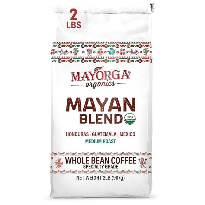 Mayorga Medium Roast Whole Bean Coffee is a 2 lb bag of Mayan blend organic coffee roast. The beans are sourced through direct trade, ensuring a fair price for the farmers who cultivate them. This coffee is specialty grade, guaranteeing a high quality and consistency in flavor profile.