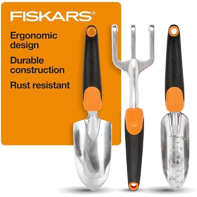 The Fiskars 3-in-1 Garden Tool Set is a multi-functional set designed to assist in gardening tasks. The set includes a trowel for digging, a transplanter for transferring plants, and a cultivator for breaking up soil. Each tool is made with durable materials and features an ergonomic handle for comfortable use.