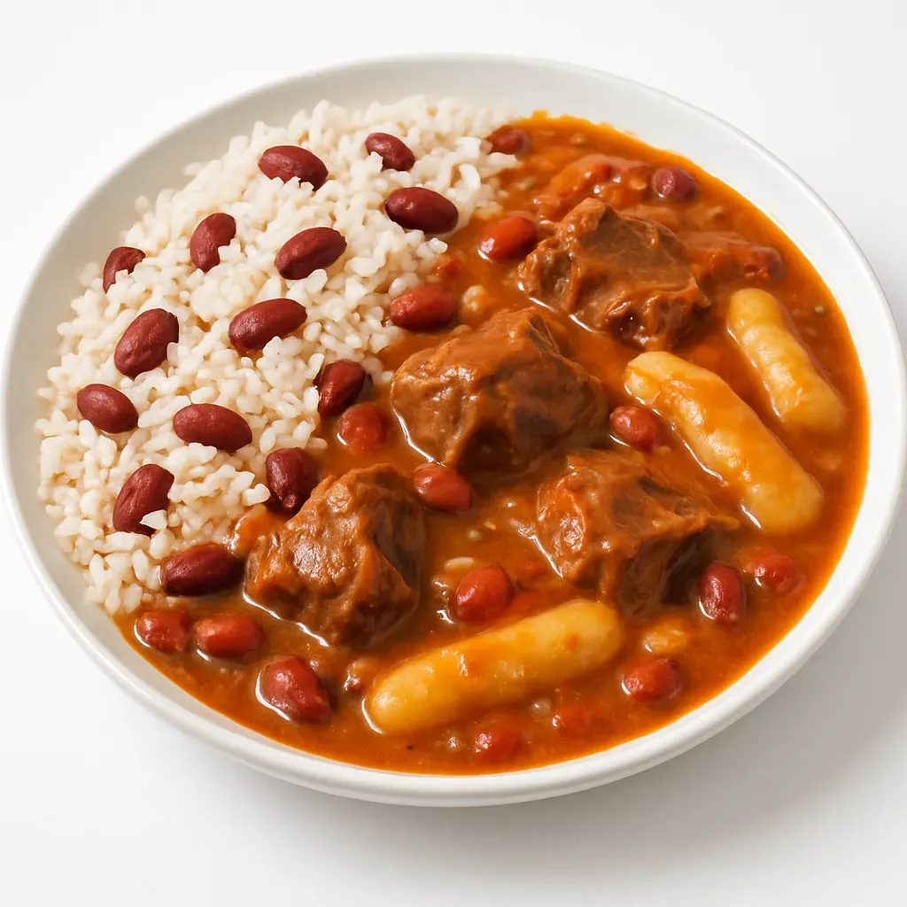 A traditional Jamaican dish that combines salted pig tails, stewing beef, and red kidney beans with aromatic vegetables and spices, served with dumplings known as 'spinners'.