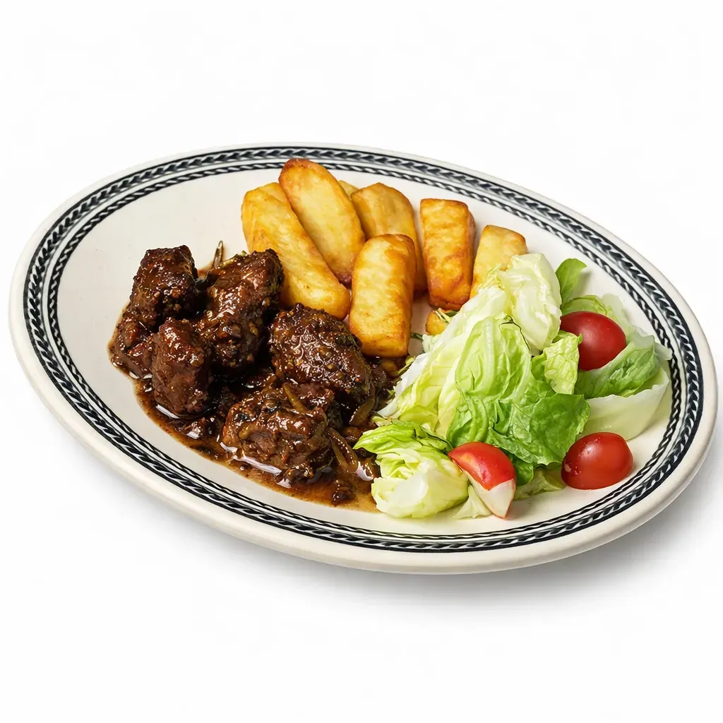 Traditional Cypriot pork stew, marinated in fragrant spices and red wine, slow-cooked to tender perfection with mushrooms, onions, and bacon.