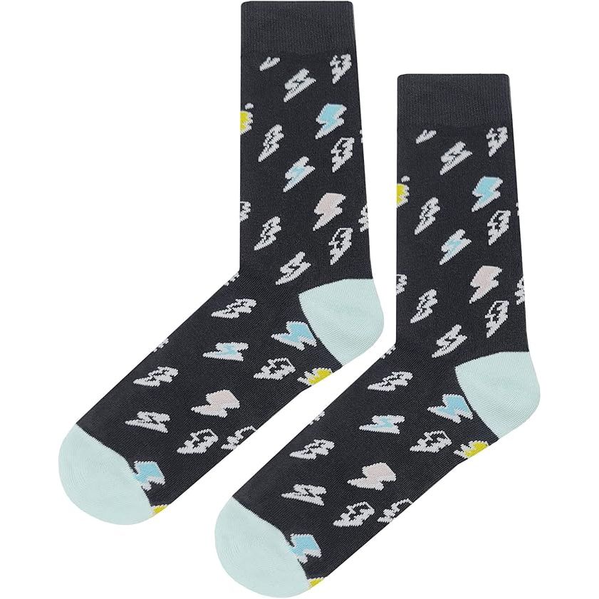 The Stellar Lightning Bolt Dress Socks are a fun and funky addition to any man's wardrobe. Made from cotton, these crew socks are designed for men with shoe sizes ranging from 8 to 12. The colorful lightning bolt design adds a playful touch to any outfit, making them a great gift for any occasion.