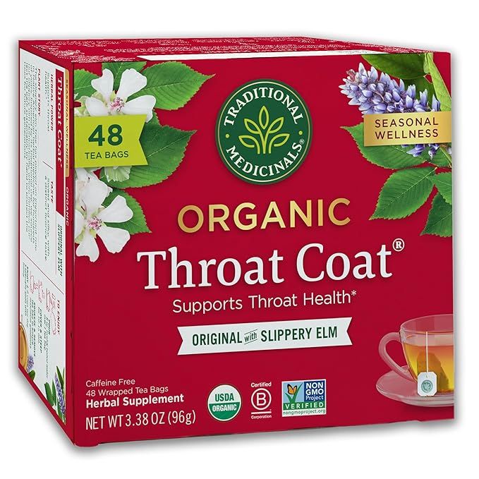 Traditional Medicinals Organic Throat Coat Tea is a popular herbal tea blend specifically formulated to support throat health. Each box contains 48 tea bags, allowing for a convenient and easy way to incorporate the tea into your daily routine.