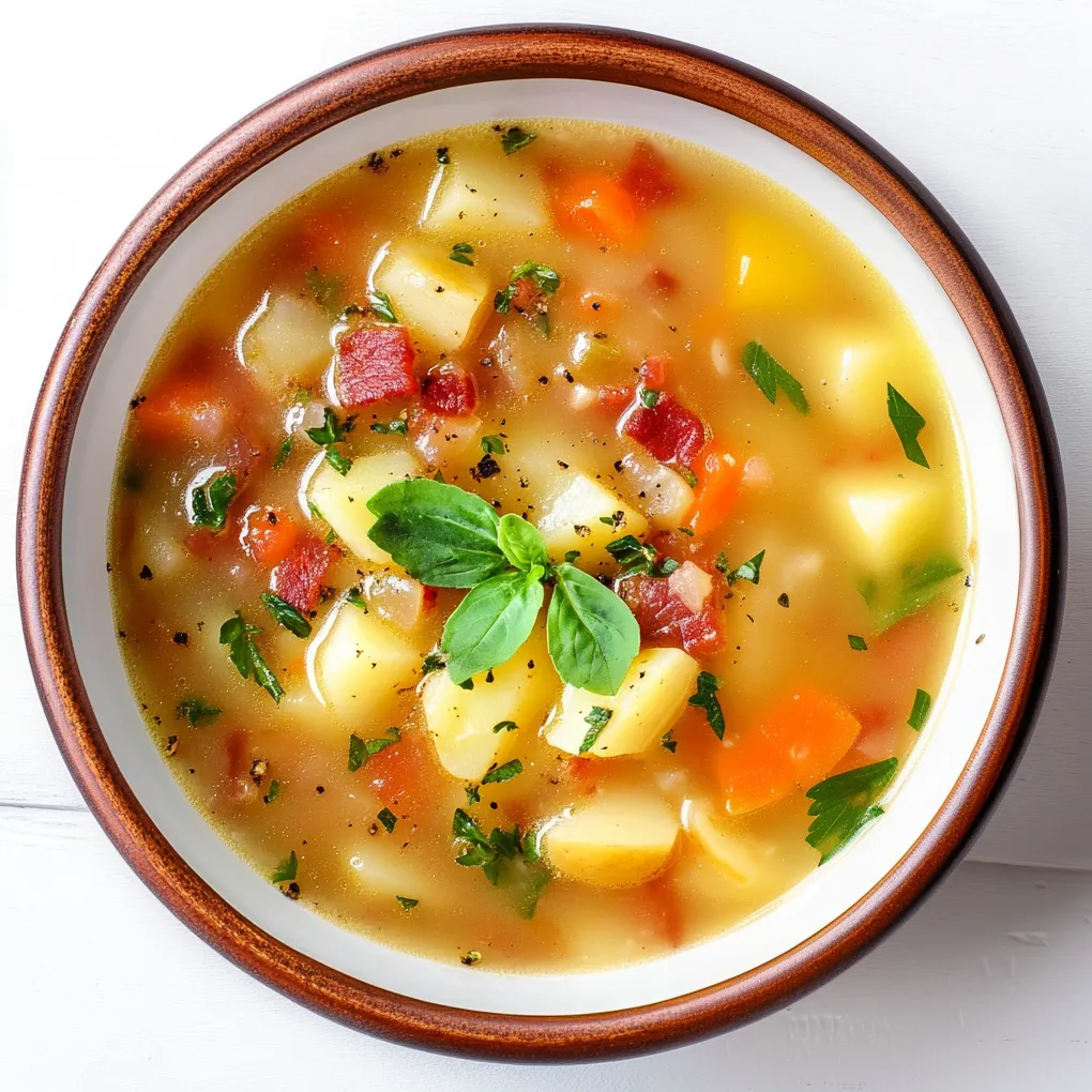 Kartoffelsuppe is a German-style potato soup that offers a heartwarming blend of comforting potatoes, crispy bacon, and aromatic fresh herbs. This rustic and creamy soup begins with sautéing onions and bacon to provide a rich base of flavor. Potatoes are then simmered in broth until tender and often pureed to the desired consistency. Fresh herbs like parsley and thyme are stirred in to enhance the soup with an earthy and herby aroma. Kartoffelsuppe is typically enjoyed during cold weather for its warming qualities and is a staple dish in traditional German cuisine. It is often served with a dollop of sour cream and a sprinkle of chives or parsley on top.