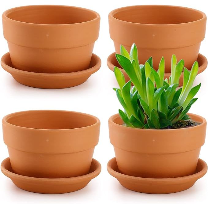 The Suwimut 4 Pack Terracotta Pots with Saucer are 6-inch large clay flower plant pots that come with drainage holes to help promote healthy plant growth. These terra cotta pots are perfect for indoor and outdoor plants, and they also come with trays to catch excess water and prevent water damage to surfaces.