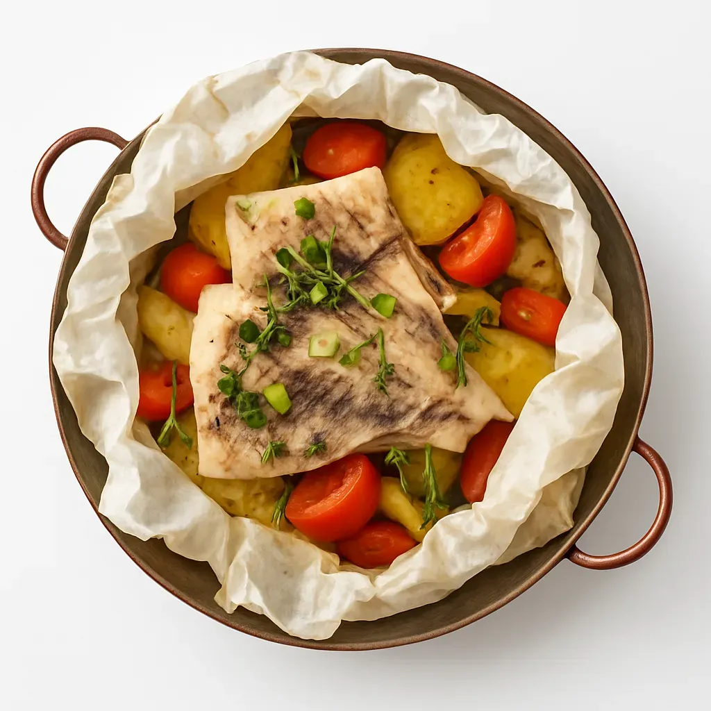 A rustic yet refined Scandinavian dish featuring zander fillets, cherry tomatoes, spring onion, and potatoes baked en papillote for a juicy and flavorful main course.