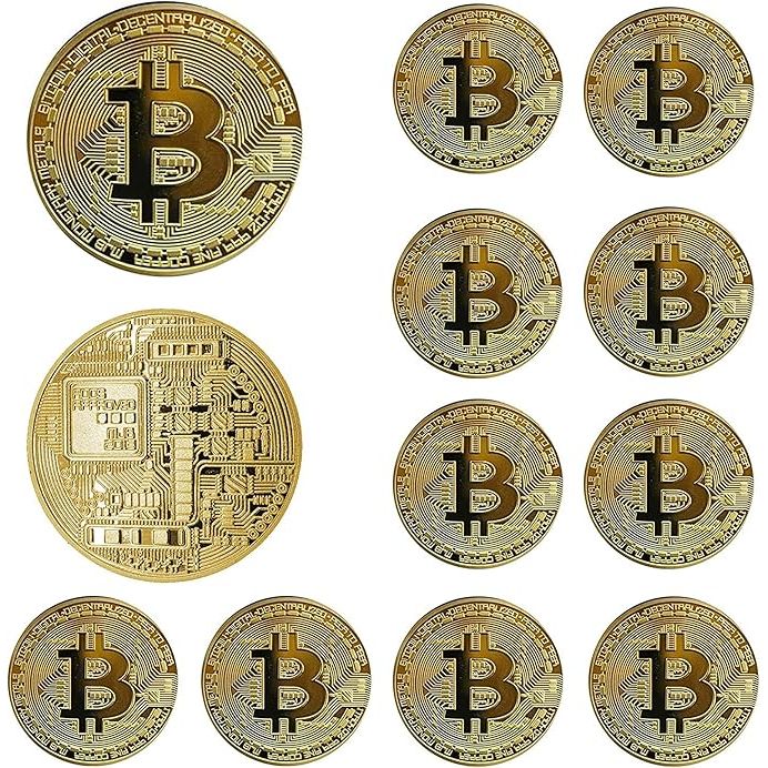 The 12Pcs Bitcoin Coin Set is a collection of physical Bitcoin commemorative tokens in a gold finish. Each coin is designed to represent the digital cryptocurrency and features intricate detailing on both sides. These coins are meant for decoration and display in a home or office setting.