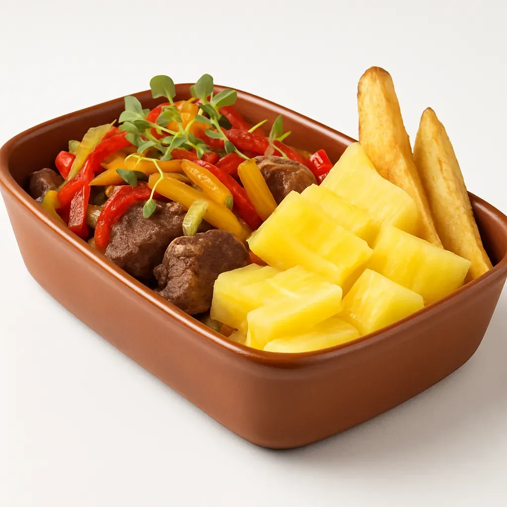 A vibrant Brazilian dish featuring homemade cured beef, savory grilled cheese curds, and colorful sautéed vegetables, harmonized with sweet molasses.