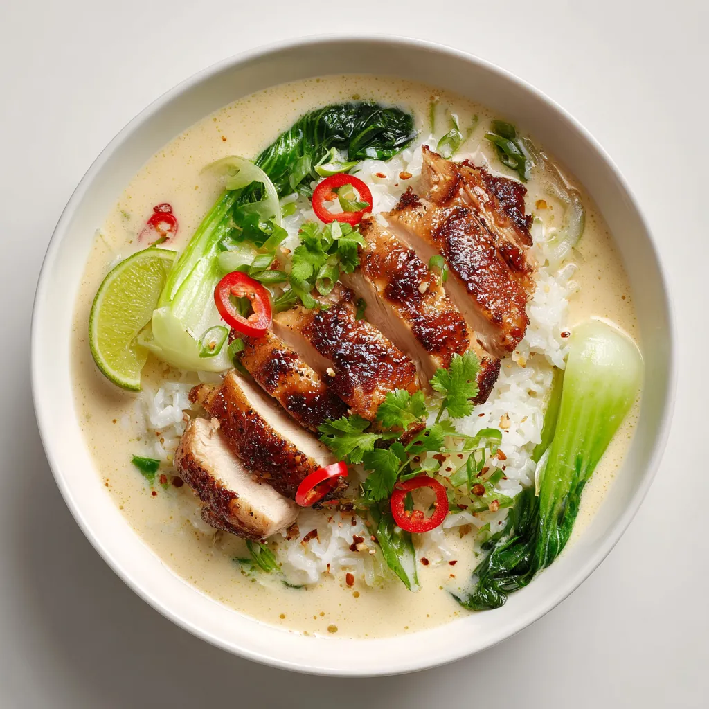 A vibrant Asian-inspired dish combining marinated chicken with a tangy coconut-lime broth and fresh Pak Choi, making for a wholesome meal.