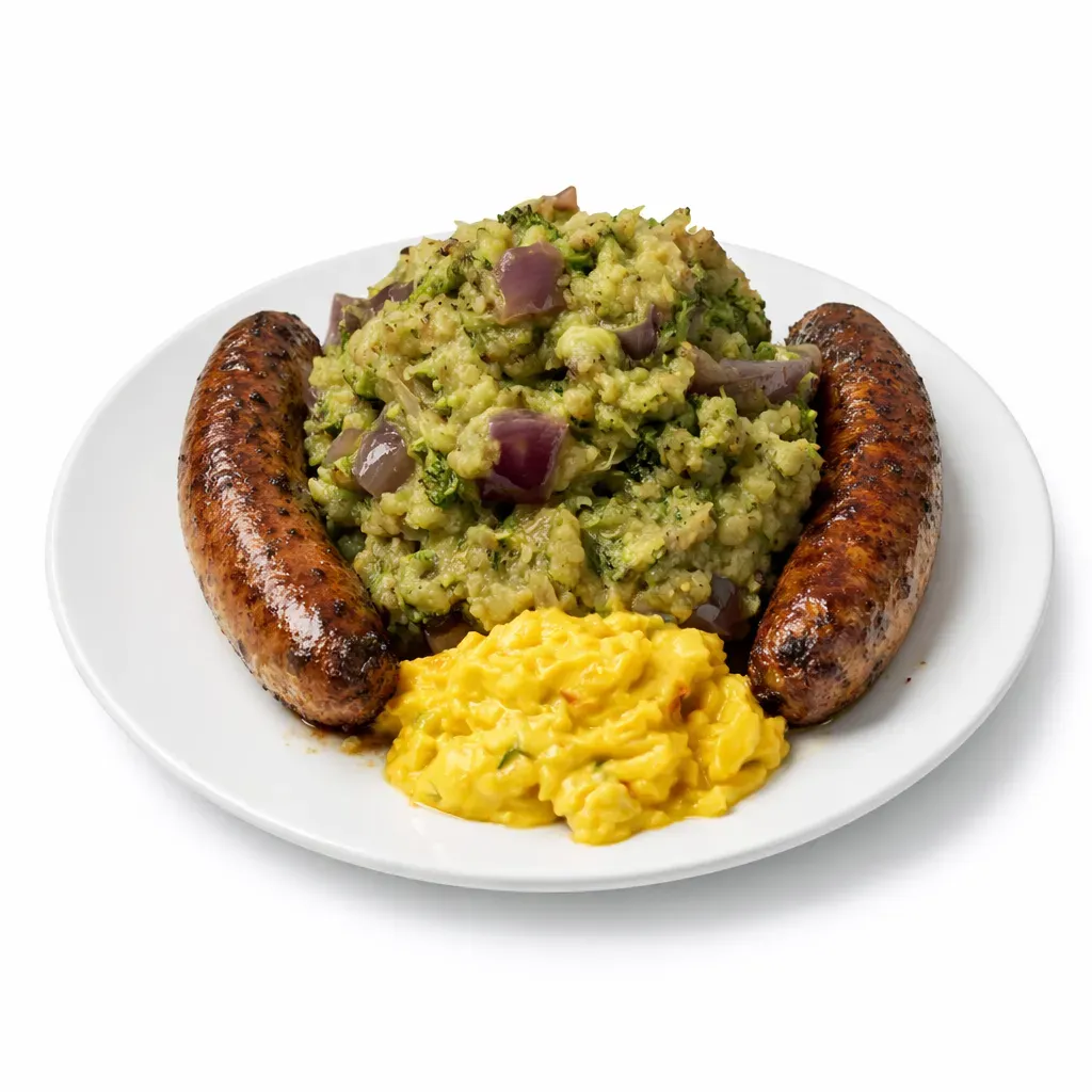 Dive into a traditional Belgian dish with this Broccolistoemp, a delightful potato and vegetable mash, paired perfectly with pan-fried bratwurst sausages and a tangy piccalilly garnish.