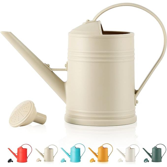 A watering can is a common household tool used to water indoor plants, flowers, and gardens. They typically have a sturdy handle, a spout for pouring water, and a large body to hold water. Watering cans come in various sizes and designs, with some being specifically designed for indoor use.