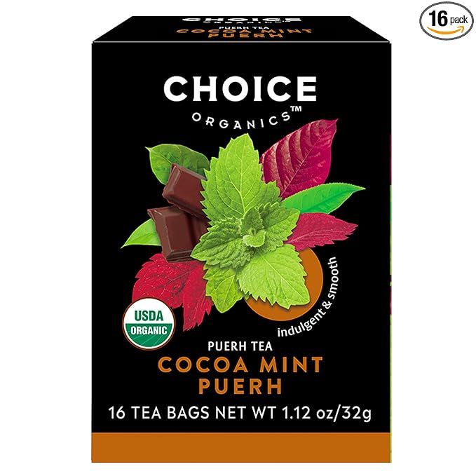 Choice Organics Organic Cocoa Mint Puerh Tea is a high-quality, organic tea option for those looking to enjoy a unique and flavorful cup of tea. Each pack contains 16 tea bags, making it convenient for on-the-go or at-home brewing.