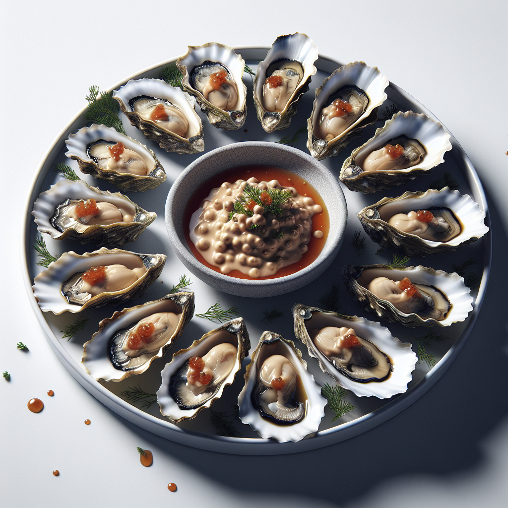 Huîtres with Mignonette Sauce is a sophisticated French dish that offers a sublime combination of fresh oysters and a classic mignonette sauce. The refreshing acidity of the vinegar mingles with the spiciness of freshly cracked black pepper and the subtle sweetness of shallots, enhancing the natural brininess of the oysters.