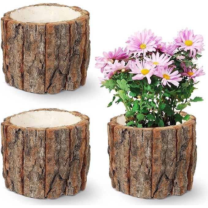 The YARNOW 3 Pieces Wooden Flower Pot Bark Bucket Planter is a set of rustic flower pots designed for both indoor and outdoor use. Each pot has an inner diameter of 3.9 inches and a height of 3.9 inches, making them ideal for small to medium-sized plants.