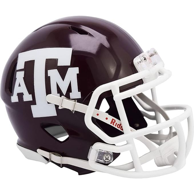 The Riddell NCAA Texas A&M Aggies Maroon NCAA Riddell Speed Mini Football Helmet is a mini version of the official helmet worn by the Texas A&M Aggies football team. It features the same design and color scheme as the full-size helmet, making it a perfect collectible item for fans of the team.