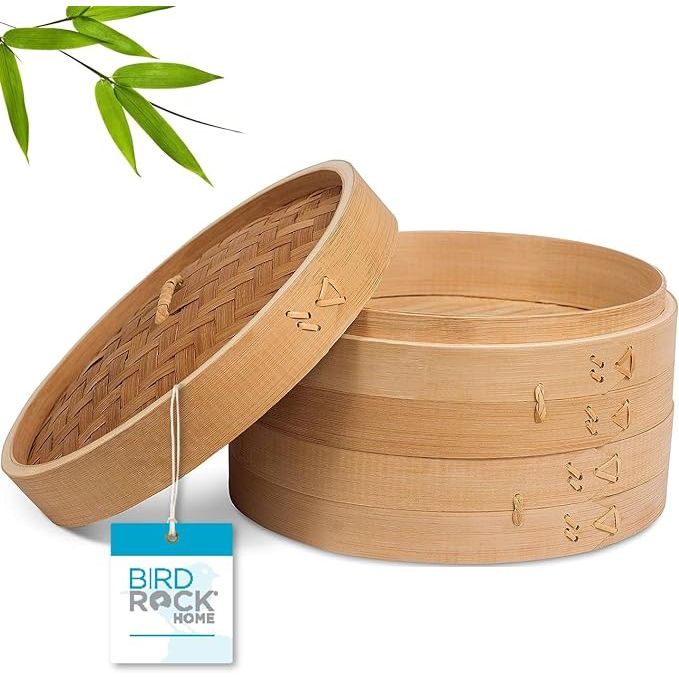 The BIRDROCK HOME 10-Inch Bamboo Steamer is a classic 2-tier steaming basket designed for cooking a variety of foods such as veggies, dumplings, dim sum, chicken, fish, and Asian dishes. Made from natural bamboo, this eco-friendly steamer is a healthy and sustainable option for cooking your favorite meals.