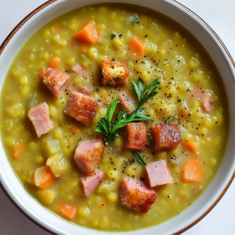 Smoky Ham and Creamy Split Pea Soup is a comforting and hearty dish, perfect for cold days. It features split peas that have been simmered to a creamy consistency along with chunks of smoky ham, aromatic vegetables such as onions, carrots, and celery, and is seasoned with herbs like thyme and bay leaves.