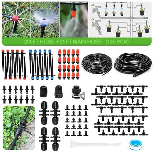 The MIXC 226FT Greenhouse Micro Drip Irrigation Kit is an automated watering system designed for use in greenhouses, gardens, and patio areas. This system includes 226 feet of 1/4 inch and 1/2 inch irrigation tubing, allowing for customizable installation to suit a variety of plant arrangements.