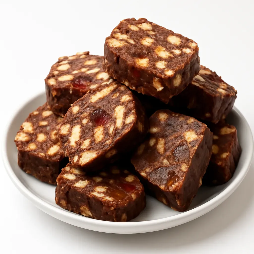 A beloved Estonian no-bake dessert made from chocolate biscuit cake, crushed biscuits, marmalade candies, and nuts, all wrapped in a buttery chocolate mixture. Perfect for festive occasions or everyday treats.